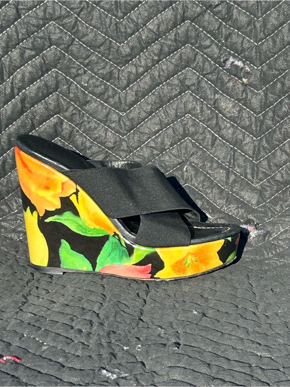 Donald J. Pliner Black Wedge Sandal with Yellow & Green Floral Print